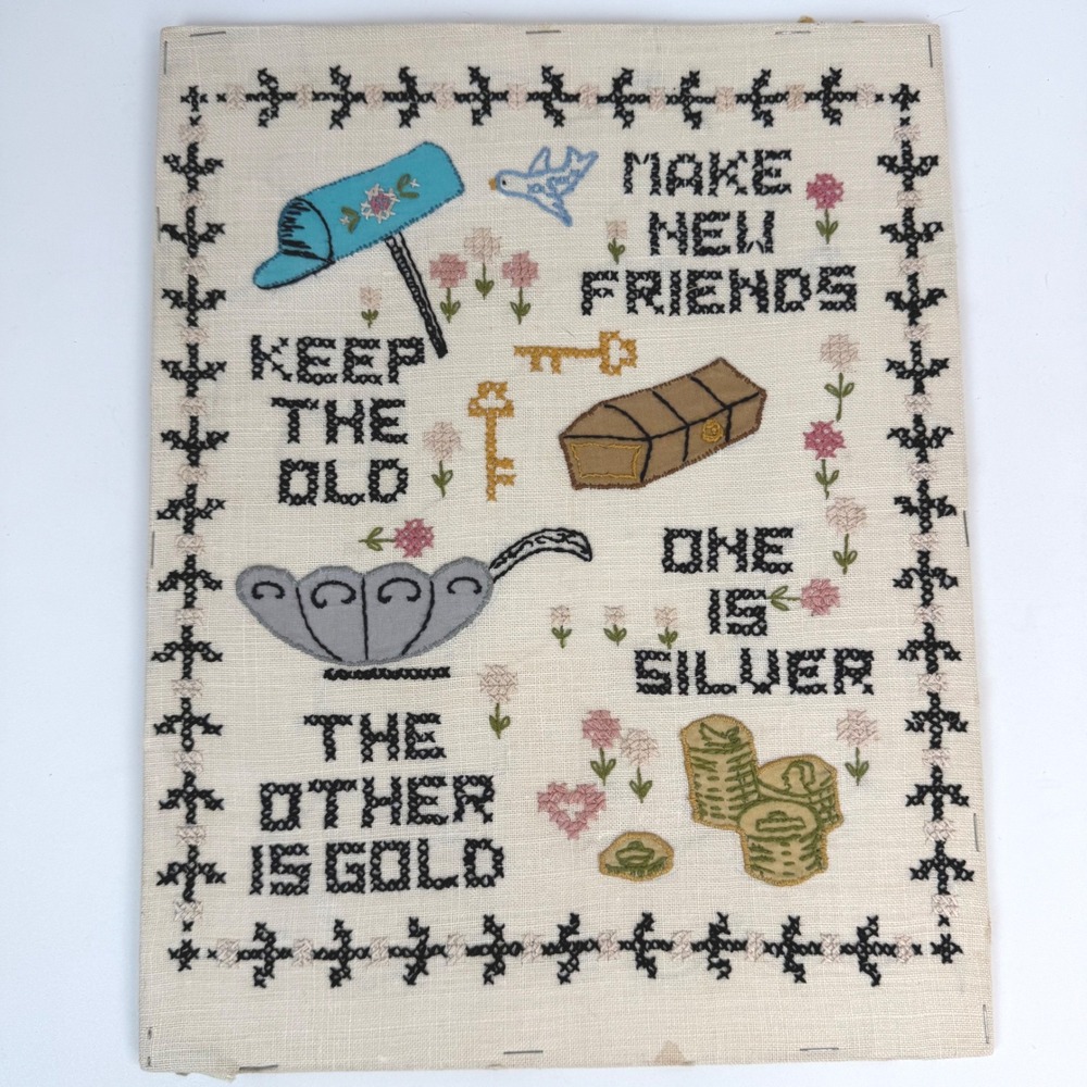 Make New Friends Poem Handmade Cross Stitch Wall Hanging Cream NO FRAME